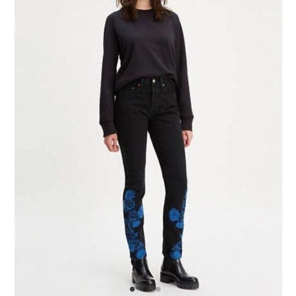 Levi's Embroidered 501 Skinny Made and Crafted Jeans Black Women's Size 26/28 - Picture 1 of 8